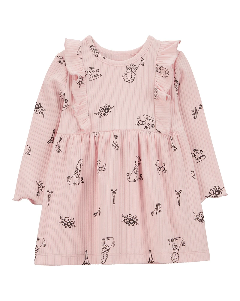 Baby Paris-Print Long-Sleeve Dress - Pink