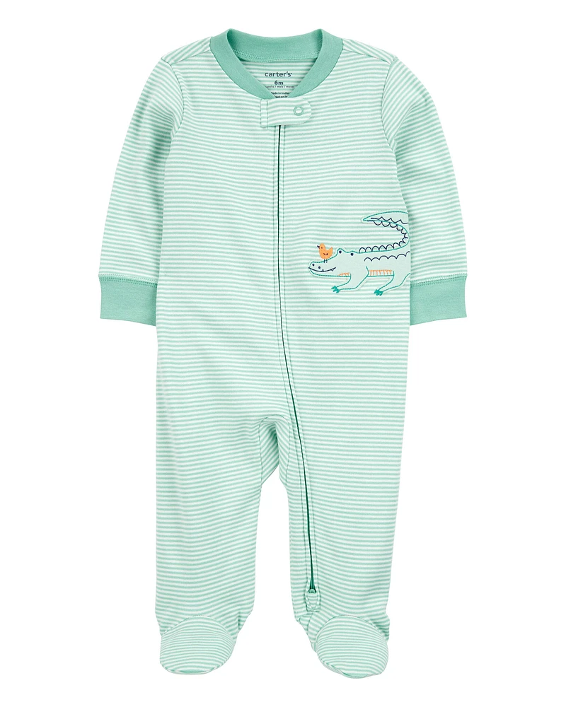 Baby Alligator Striped 2-Way Zip Cotton Sleeper Pyjamas - Green