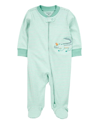 Baby Alligator Striped 2-Way Zip Cotton Sleeper Pyjamas - Green