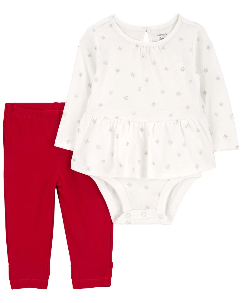 2-Piece Snowflake Peplum Bodysuit Pant Set