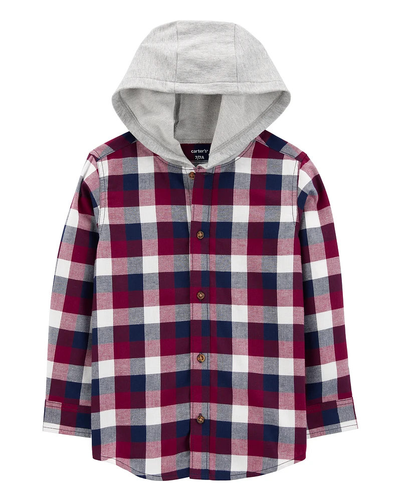 Kid Plaid Hooded Button-Down Shirt