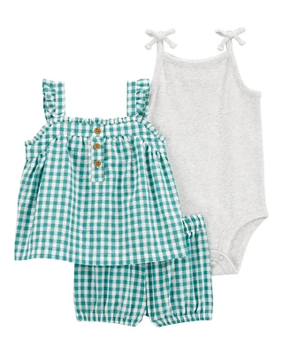 Baby 3-Piece Gingham Outfit Set - Green/Grey