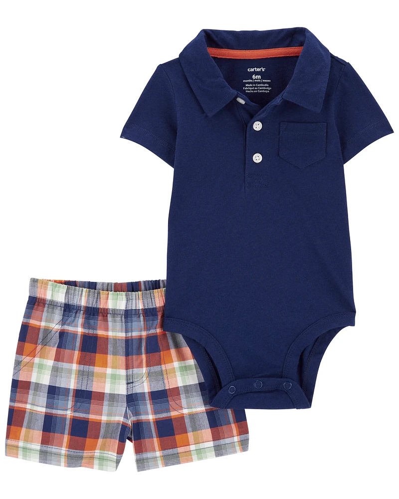 2-Piece Polo Bodysuit & Plaid Short Set