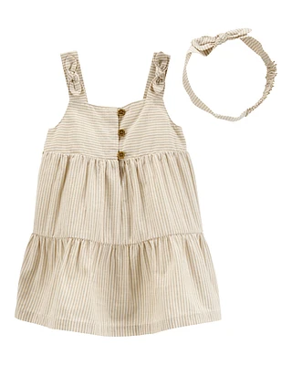 Baby Striped Cotton Dress - Tan
