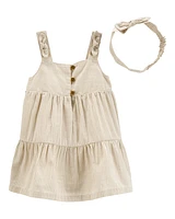 Baby Striped Cotton Dress - Tan