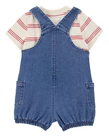 Baby 2-Piece Striped Tee & Denim Shortall Set - Navy/Ivory
