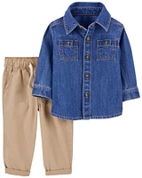 2-Piece Denim Button-Front & Pull-On Pant Set