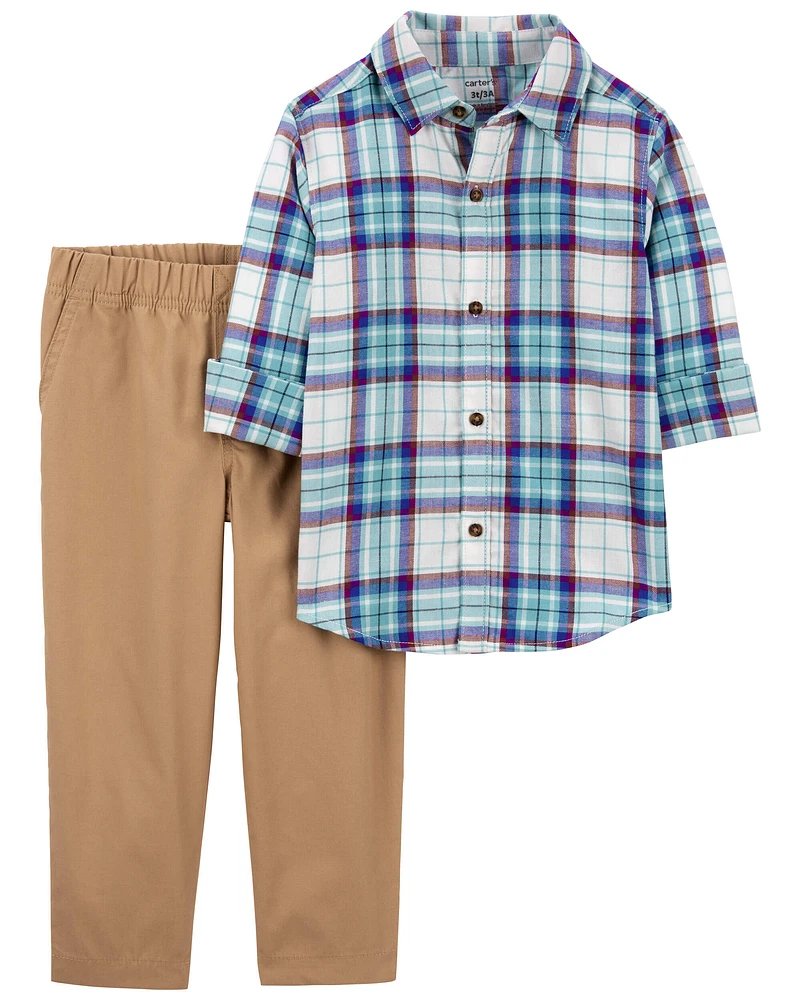 Baby 2-Piece Plaid Button-Front Shirt & Canvas Pant Set