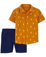 2-Piece Pineapple-Print Shirt & Canvas Shorts Set