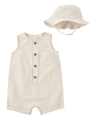 Baby Striped Cotton Outfit Set - Tan