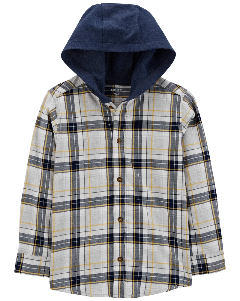 Kid Plaid Hooded Button-Down Shirt