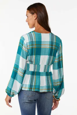 CATO Plus Plaid Smock Peplum Top