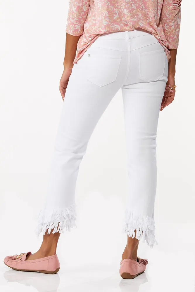 White Fringed Hem Capris Jeans