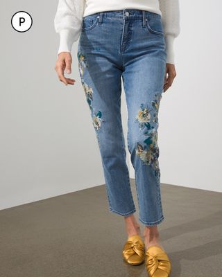 Petite Girlfriend Floral Embroidered Ankle Jeans