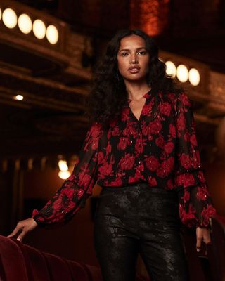 Lurex Ikat Jacquard Ruffle Blouse