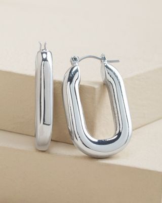 Silver Tone Oval Hoop Earrings