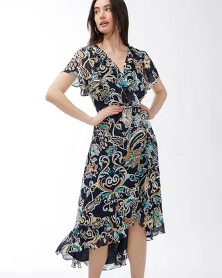 Faux Wrap Paisley Ruffle Dress