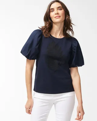 Navy Embroidered Puff Sleeve Tee