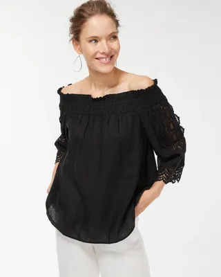 Linen Off-Shoulder Cutwork Top