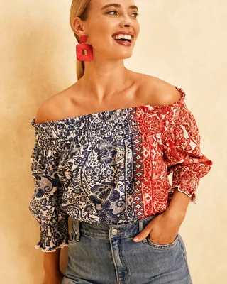 Off-Shoulder Chinoiserie Blouse