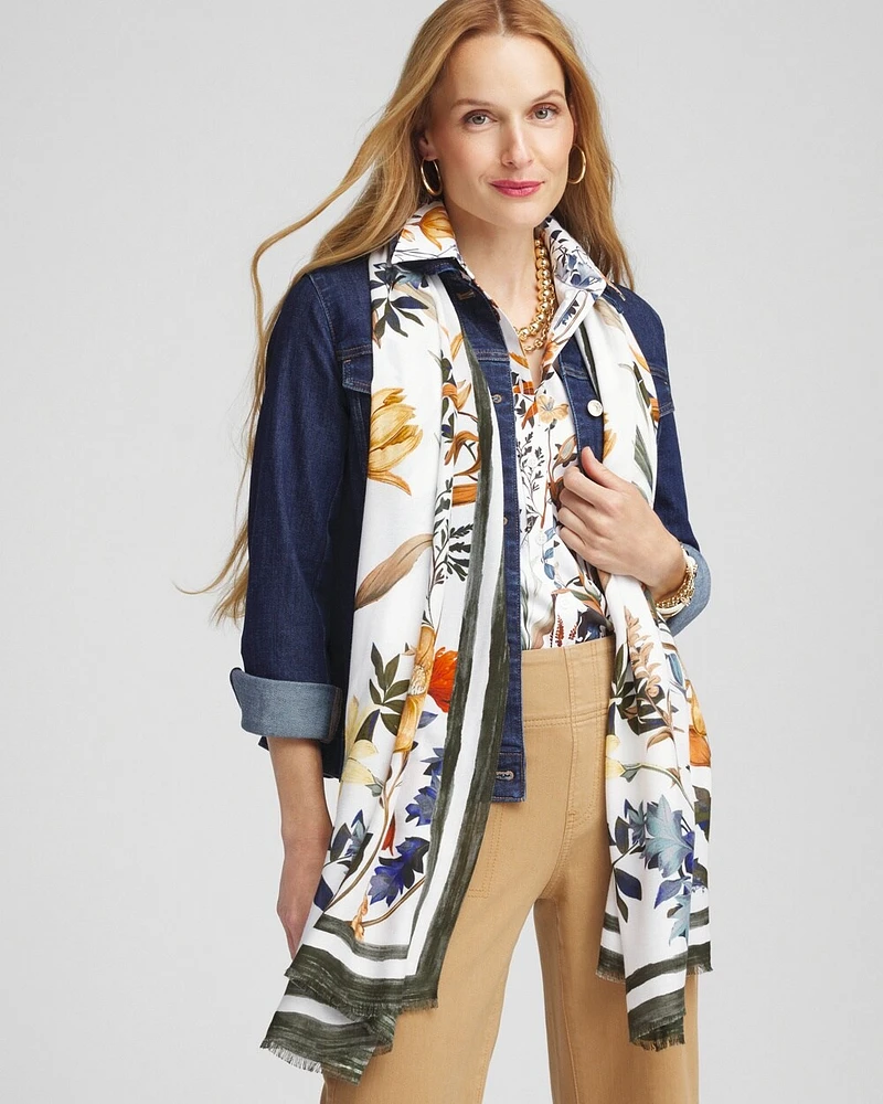 White Floral Oblong Scarf