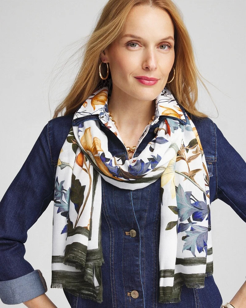 White Floral Oblong Scarf