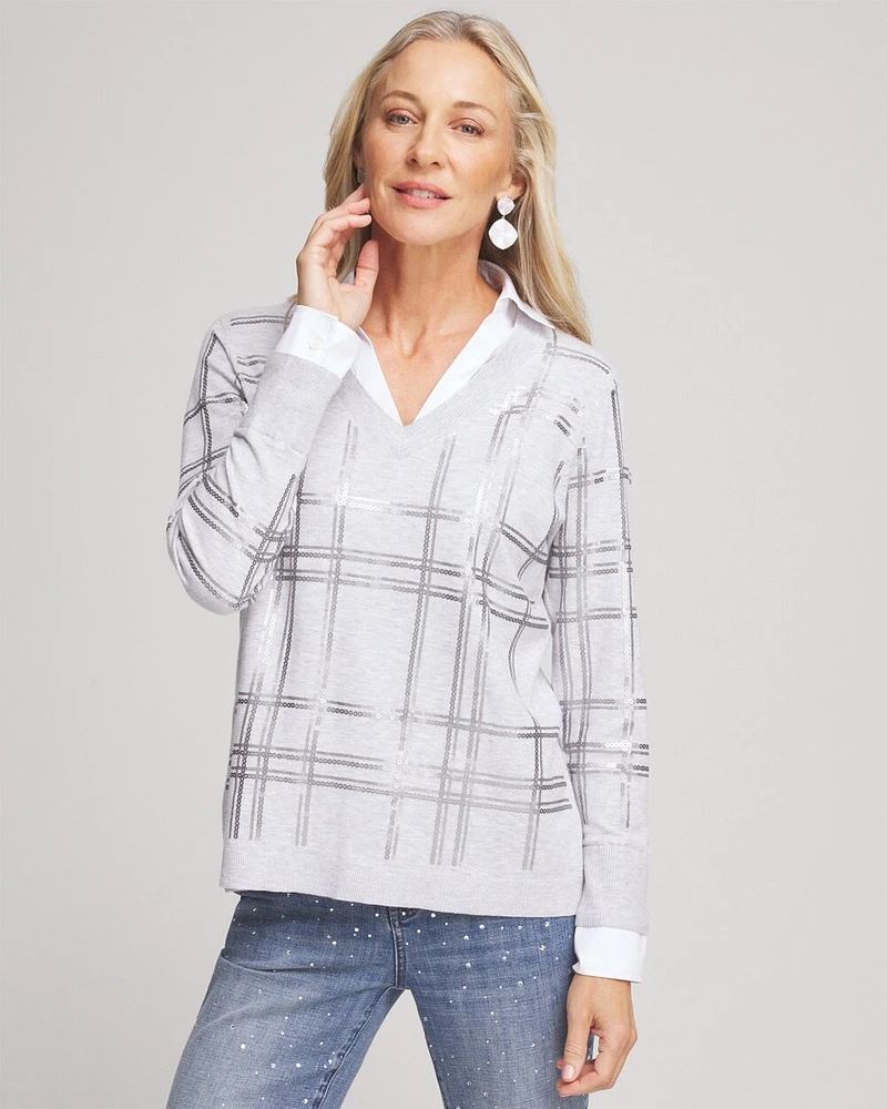 Sequin Plaid Built-In Shirt Knit Sweater