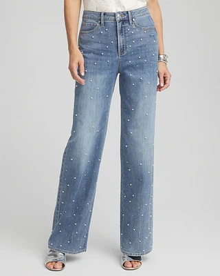 Petite Pearl Embellished High Rise Wide Leg Jeans