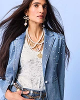 Pearl Embellished Denim Blazer