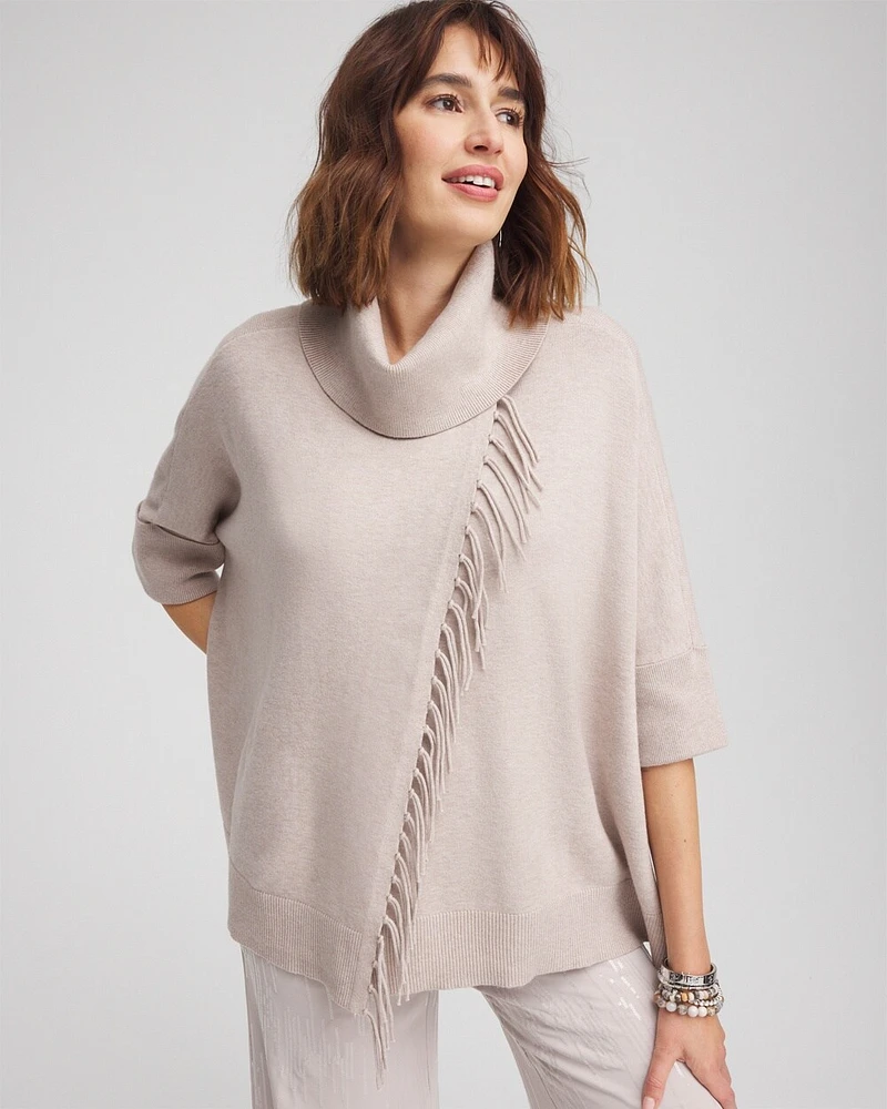 Cowl Neck Fringe Cashmere Blend Poncho