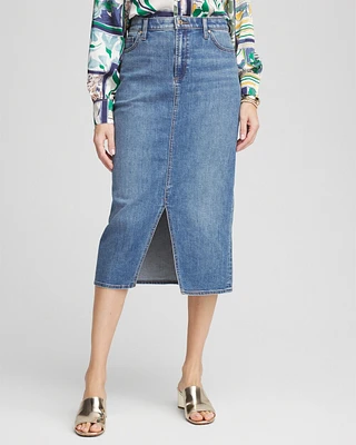 High-Rise Midi Stretch Denim Skirt