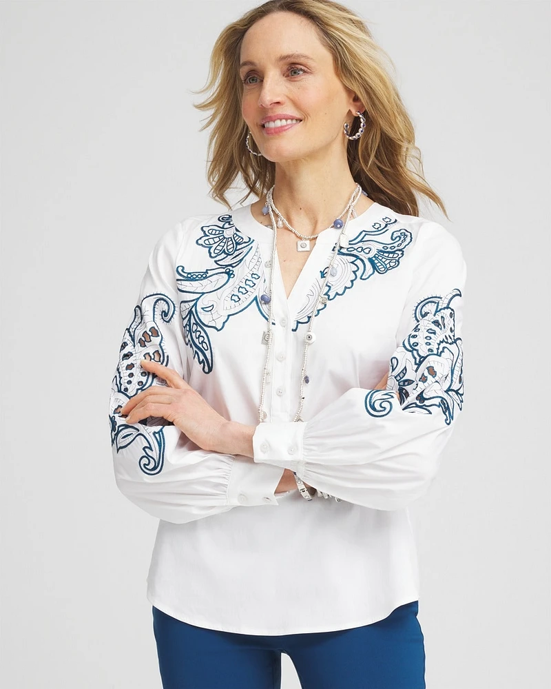 Embroidered Poplin Splitneck Shirt