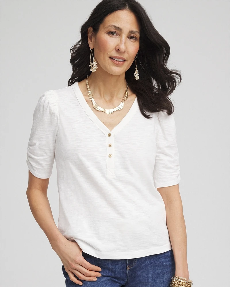 Shirred-Sleeve Henley Tee