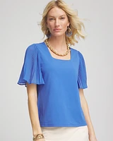 Square-Neck Pleated Flutter-Sleeve Tee