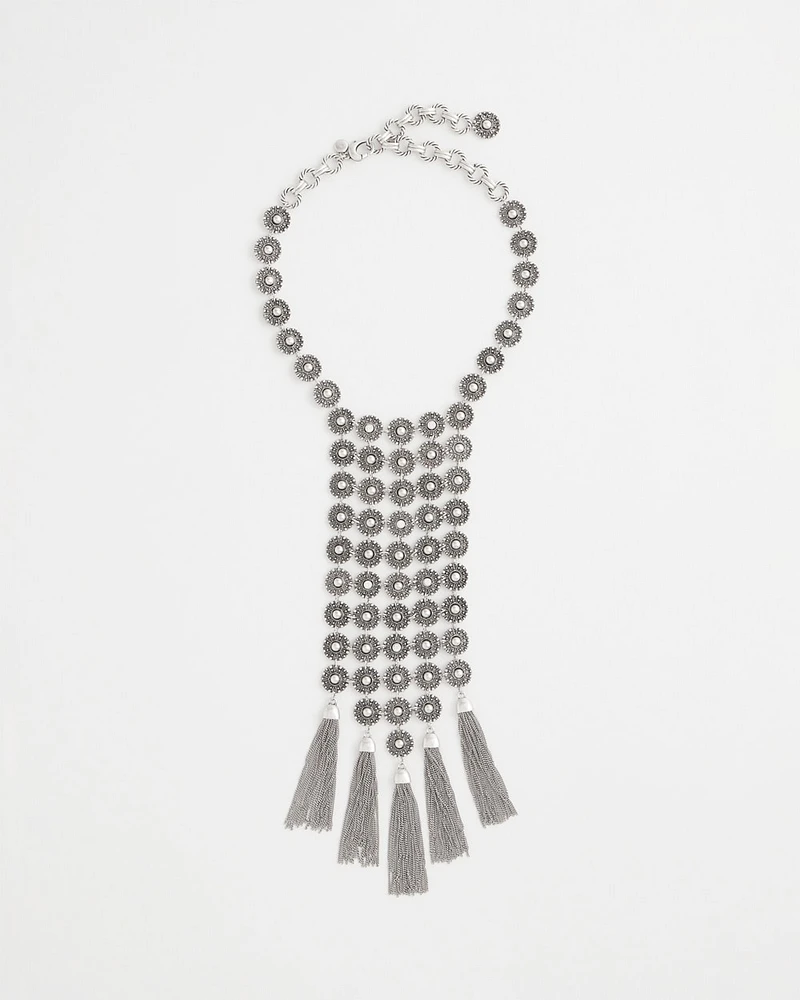 Silver Tone Tassel Statement Necklace