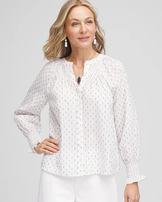 Smocked Split-neck Blouse