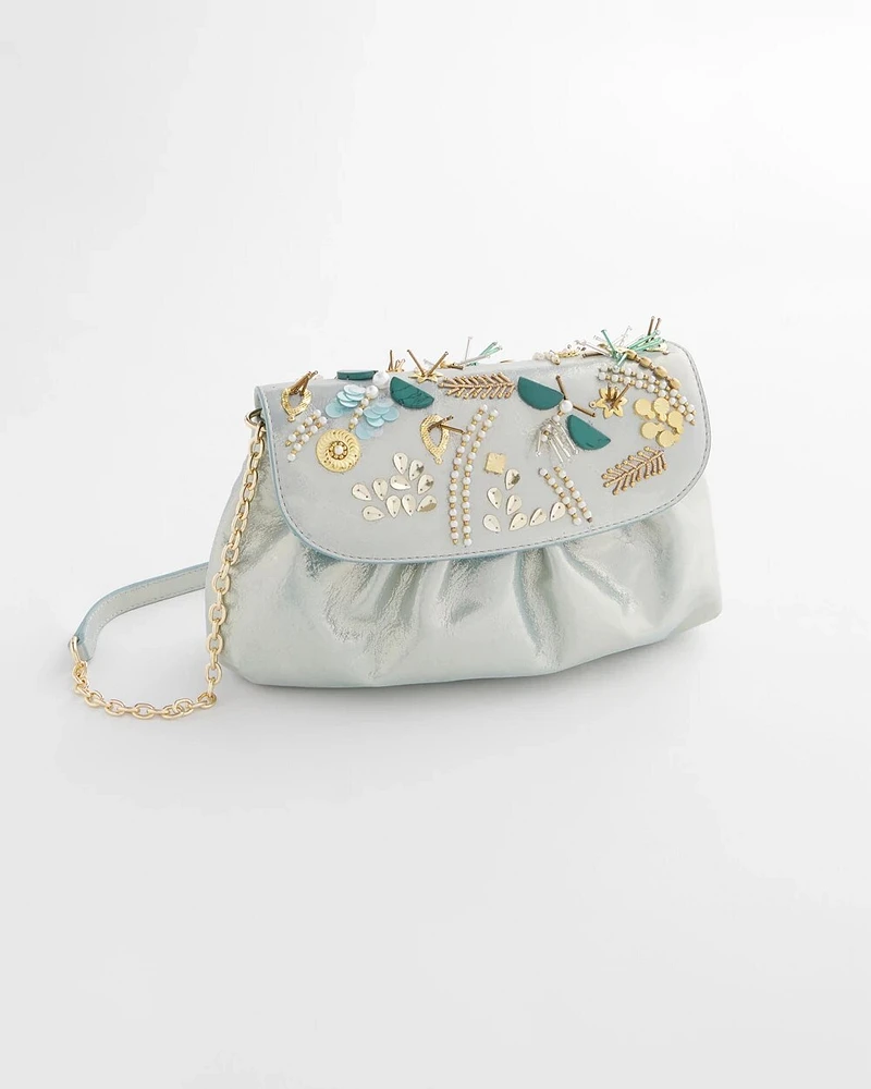 Embellished Leather Metallic Fold-Over Clutch