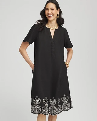 Embroidered Linen Flutter-Sleeve Dress