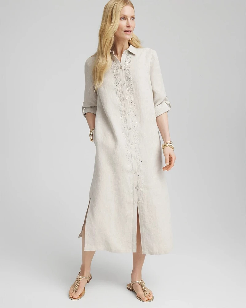 Linen Embellished Midi Shirt Dress