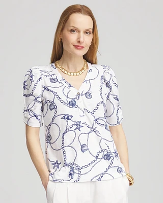 Seashell Slub Shirred-Sleeve Henley Tee