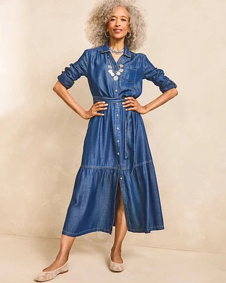 Tencel™ Tiered Belted Jean Shirtdress