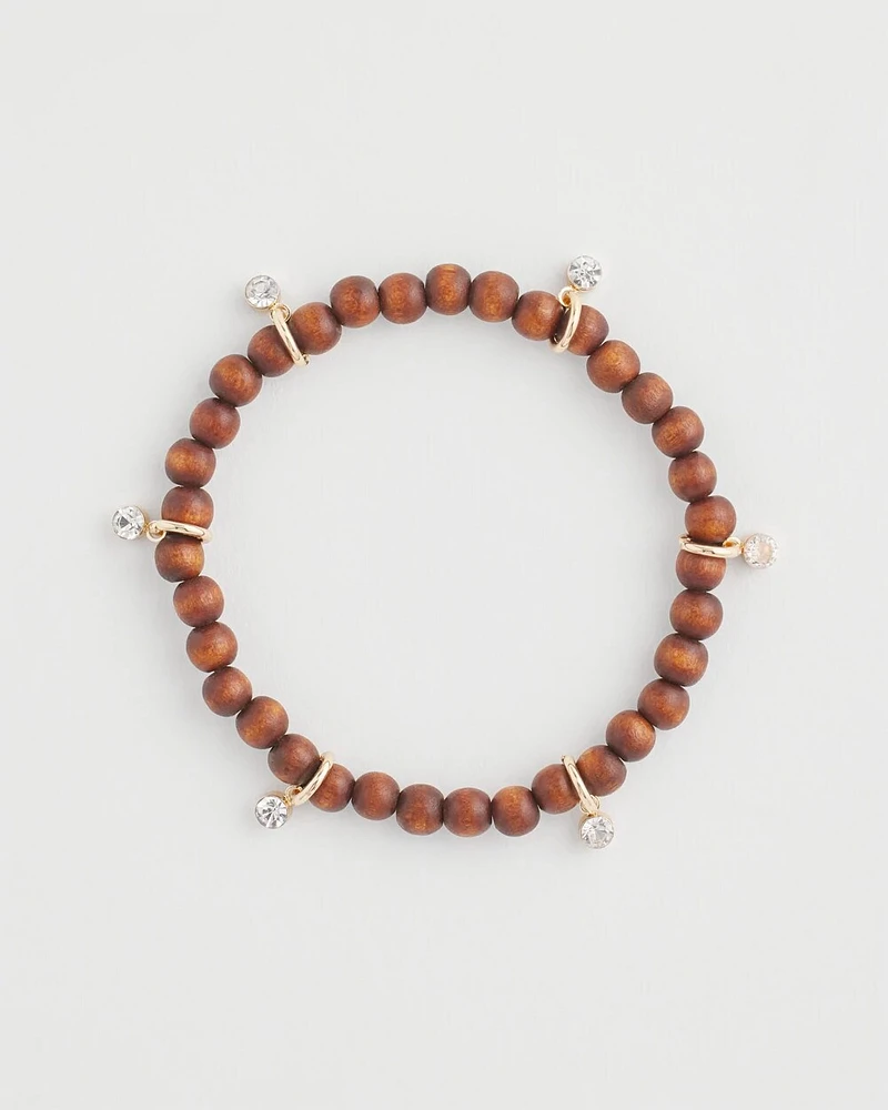 Wood Bead & Cubic Zirconia Stretch Bracelet