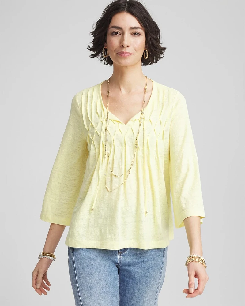 Pintuck Linen Notched-Neck Tee