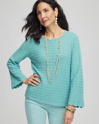Pointelle Scalloped Hem Flare Sleeve Pullover