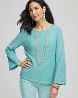 Pointelle Scalloped Hem Flare Sleeve Pullover