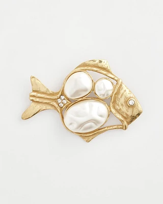 Gold Tone Pearl-Effect Fish Brooch
