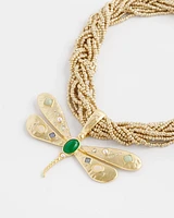 Gold-Tone Green Stone Dragonfly Pendant Necklace