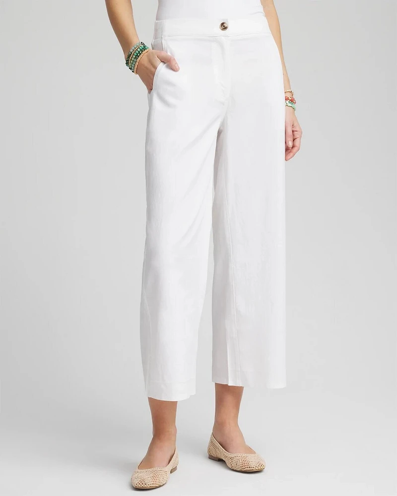 Ribbed Waist Linen Blend Straight-Leg Cropped Pants