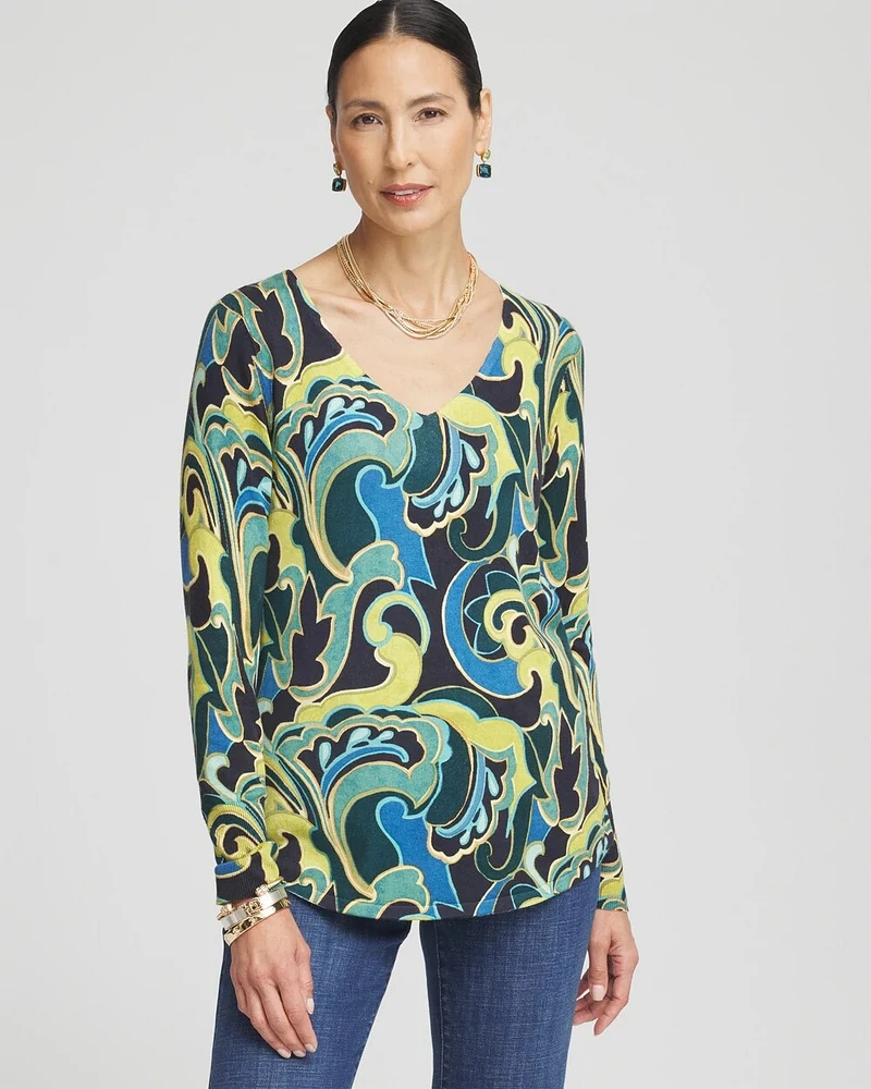 Scroll Print V-Neck Sweater