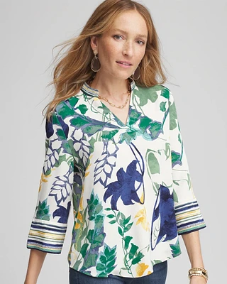 Mixed Print Mock V-Neck